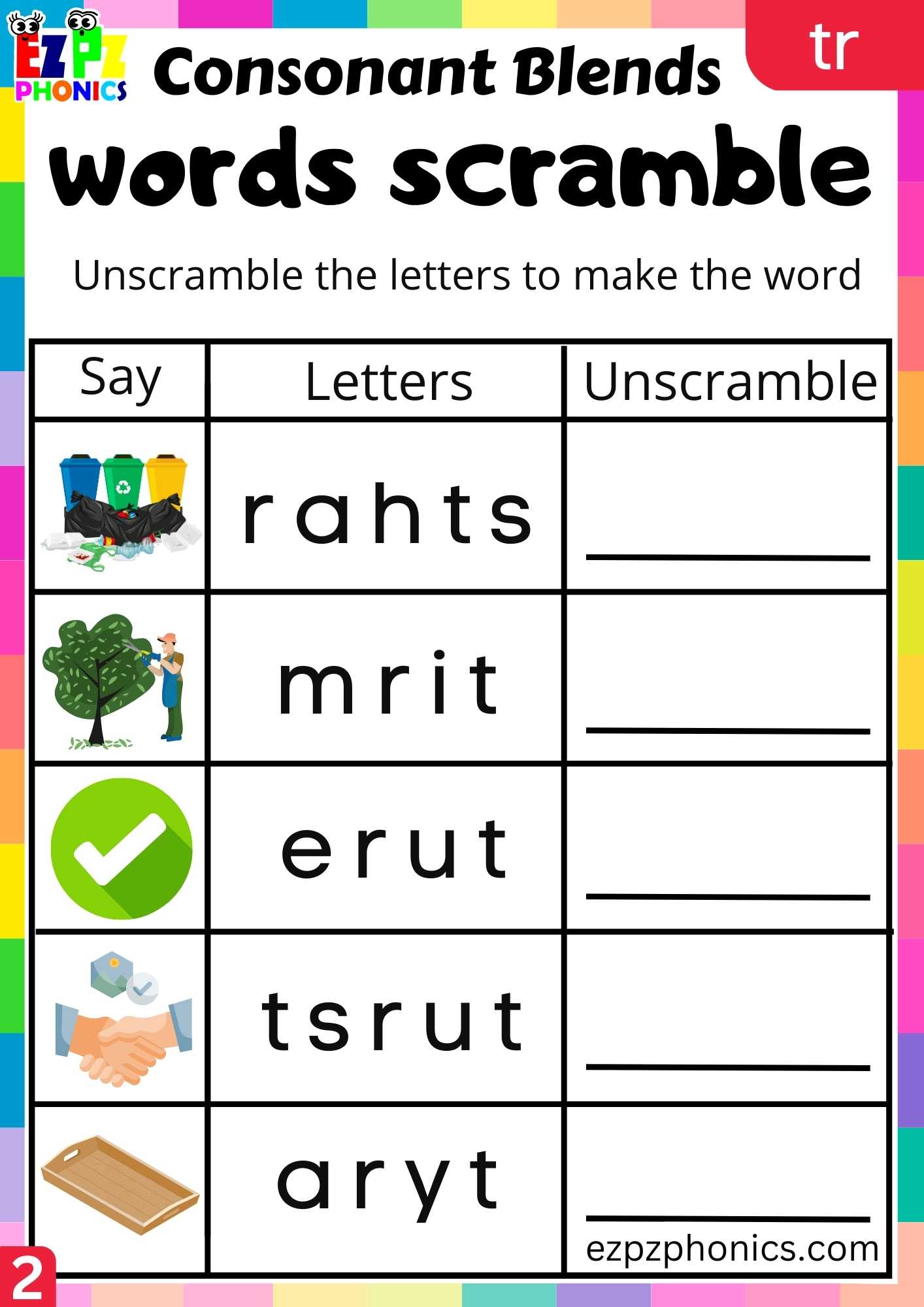 Group2 TR Words Words Scramble Phonics Consonant Blends Worksheet